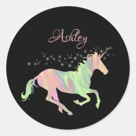 Unicorn multicolored sterren en naam ronde sticker