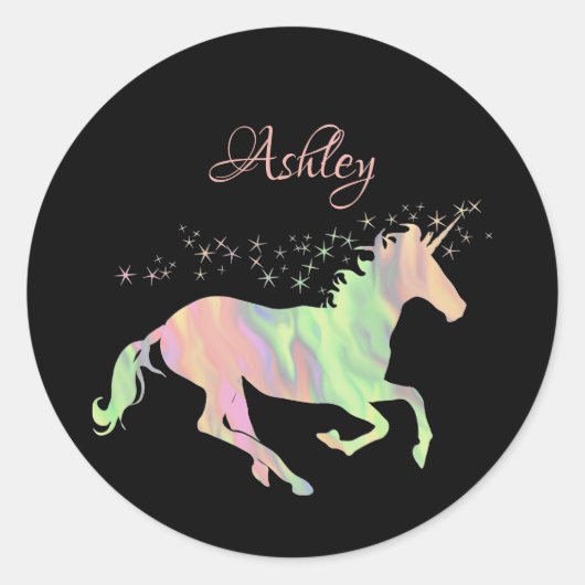 Unicorn multicolored sterren en naam ronde sticker (Voorkant)