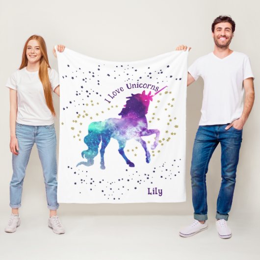 Unicorn, naam kind, vlooienbak fleece deken (In situ)