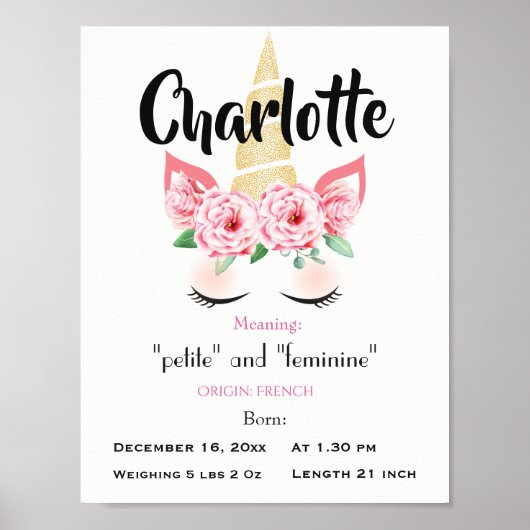 Unicorn Name betekenend keepomwille nursery Poster (Voorkant)