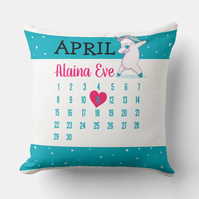 Unicorn Name Calendar Birthday Sierkussen (Voorkant)