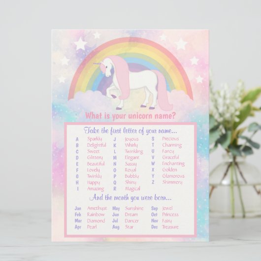 Unicorn Name Game Birthday & Baby shower (Staand voorkant)