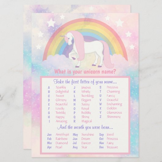 Unicorn Name Game Birthday & Baby shower (Voorkant / Achterkant)