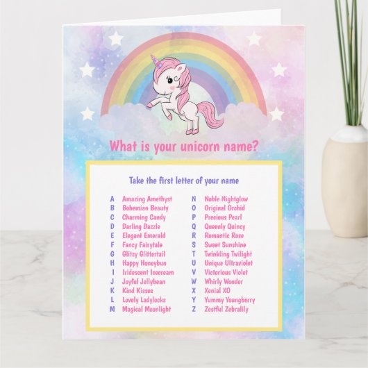 Unicorn Name Game Birthday Kaart (Voorkant)