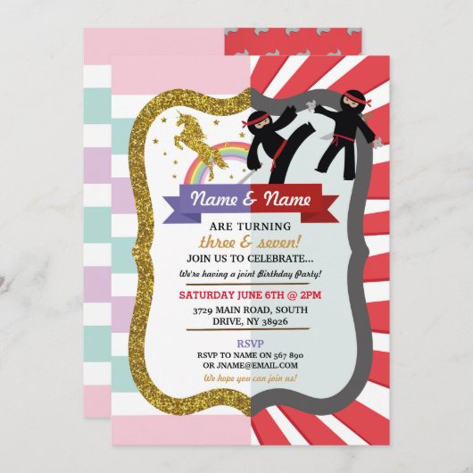 Unicorn & Ninja Joint Boy Meisje Verjaardag uitnod Kaart (Voorkant / Achterkant)