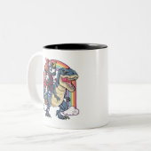 Unicorn Ninja Riding Dinosaur Tweekleurige Koffiemok (Voorkant links)