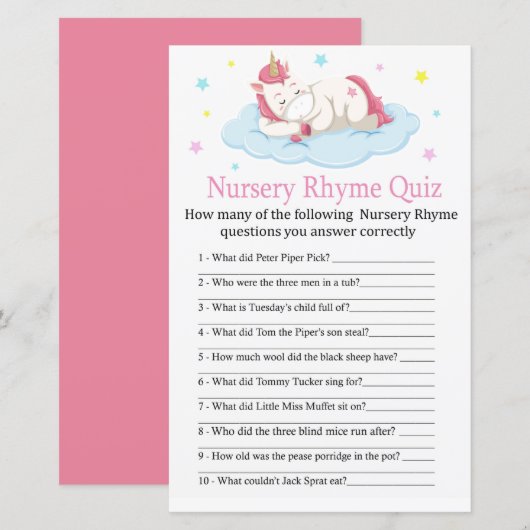 Unicorn Nursery Rhyme Quiz baby shower game (Voorkant / Achterkant)
