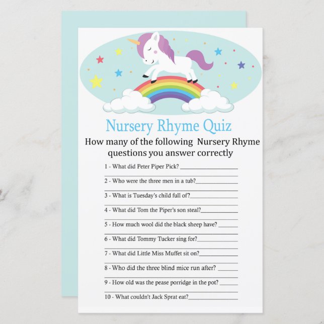 Unicorn Nursery Rhyme Quiz baby shower game (Voorkant / Achterkant)