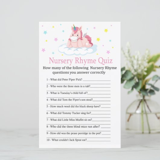 Unicorn Nursery Rhyme Quiz baby shower game (Staand voorkant)