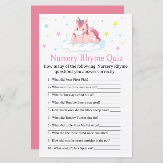 Unicorn Nursery Rhyme Quiz baby shower game (Voorkant / Achterkant)