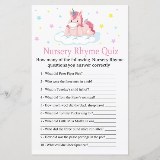 Unicorn Nursery Rhyme Quiz baby shower game (Voorkant)