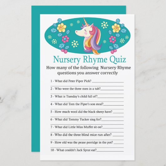 Unicorn Nursery Rhyme Quiz baby shower game (Voorkant / Achterkant)