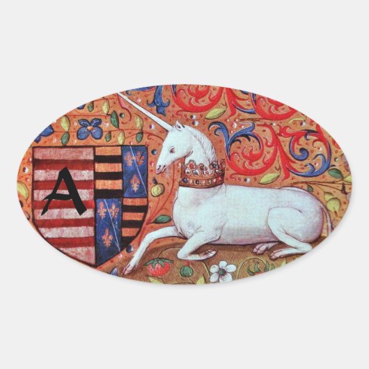 UNICORN OLD BROWN PARCHMENT MONOGRAM OVALE STICKER (Voorkant)