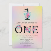 Unicorn ombre floral letters trendy 1e verjaardag kaart (Voorkant)