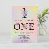 Unicorn ombre floral letters trendy 1e verjaardag kaart (Staand voorkant)