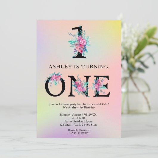 Unicorn ombre floral letters trendy 1e verjaardag kaart (Staand voorkant)