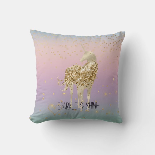 Unicorn Ombre Gold Confetti Glitter Heart Kussen (Voorkant)