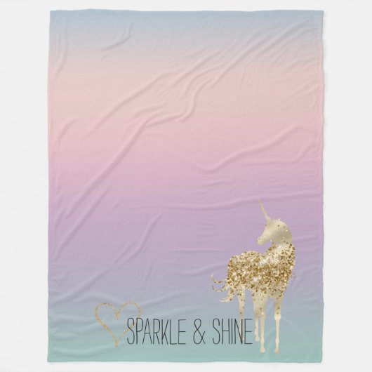 Unicorn Ombre Gold Glitter Heart Fleece Deken (Voorkant)