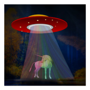 Unicorn onder UFO-regenboogstraal bij nacht, ZKoA Perfect Poster