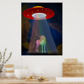 Unicorn onder UFO-regenboogstraal bij nacht, ZKoA Poster (Keuken)