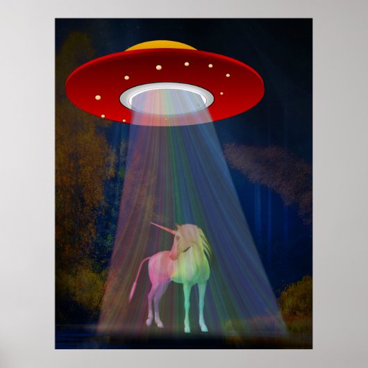 Unicorn onder UFO-regenboogstraal bij nacht, ZKoA Poster (Voorkant)
