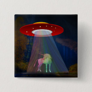 Unicorn onder UFO-regenboogstraal bij nacht, ZKoA Vierkante Button 5,1 Cm