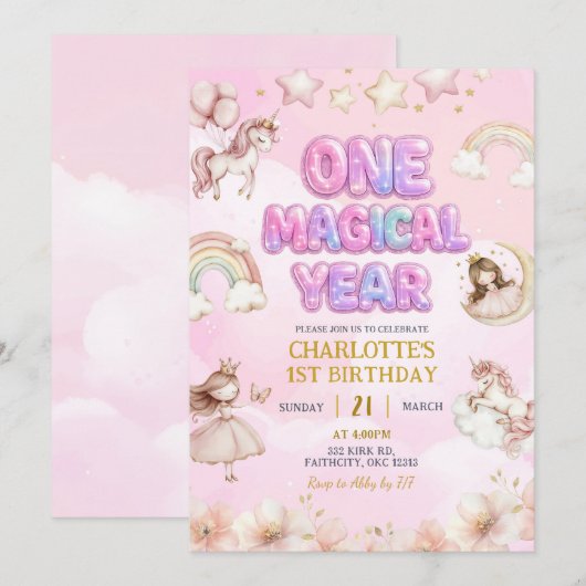 Unicorn One Magical year First Birthday Kaart (Voorkant / Achterkant)