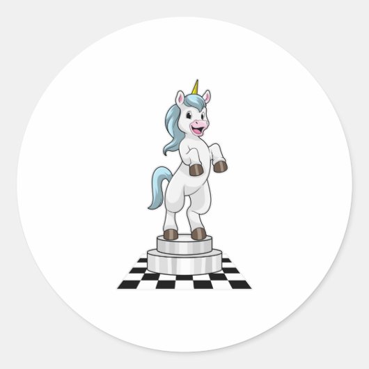 Unicorn op Chess als Chess-stukje Knight Ronde Sticker (Voorkant)