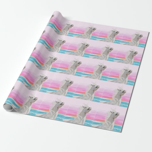 Unicorn op strandpakpapier cadeaupapier (Uitgerold)