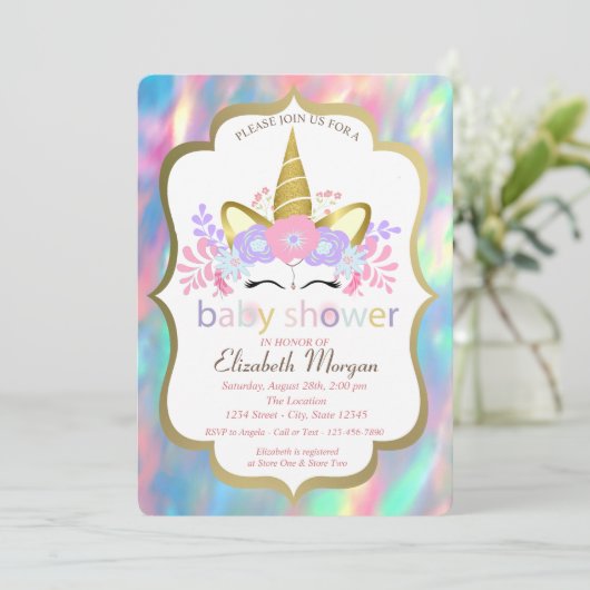 Unicorn, Opal, Holografisch Baby shower Kaart (Staand voorkant)