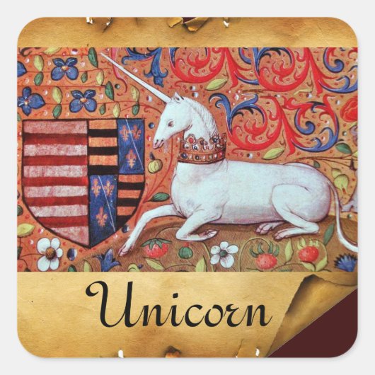 UNICORN OUD BROWN PARCHMENT VIERKANTE STICKER (Voorkant)