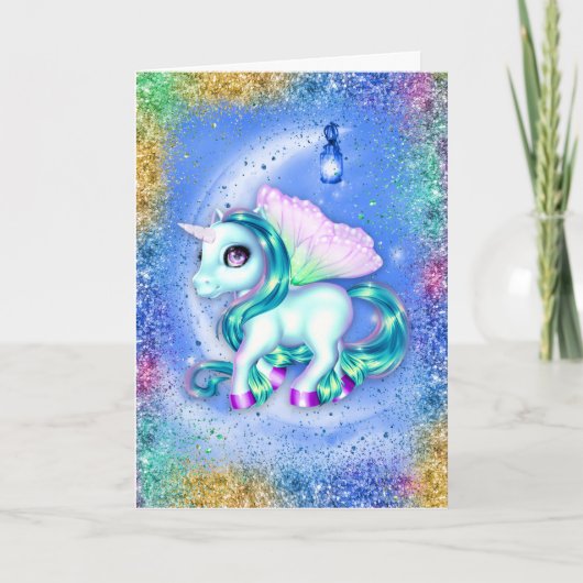Unicorn over Moon Blue Birthday Kaart (Voorkant)