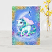 Unicorn over Moon Blue Birthday Kaart (Gele Bloem)