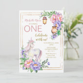 Unicorn Owl Waterverf Floral Pink Glitter Kaart (Staand voorkant)