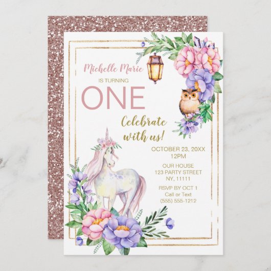 Unicorn Owl Waterverf Floral Pink Glitter Kaart (Voorkant / Achterkant)