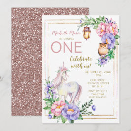 Unicorn Owl Waterverf Floral Pink Glitter Kaart