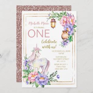 Unicorn Owl Waterverf Floral Pink Glitter Kaart