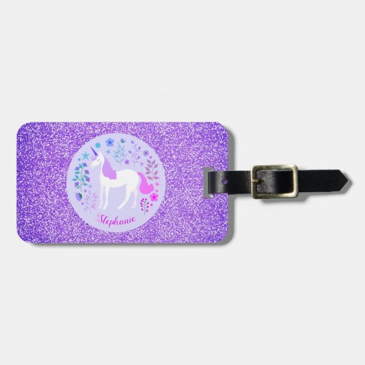 Unicorn Paars Glitter Persoonlijke naam Bagagelabel (Voorkant horizontaal)