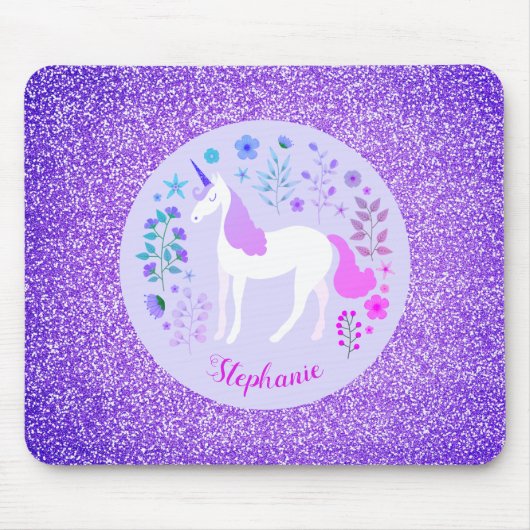 Unicorn Paars Glitter Persoonlijke naam Muismat (Voorkant)