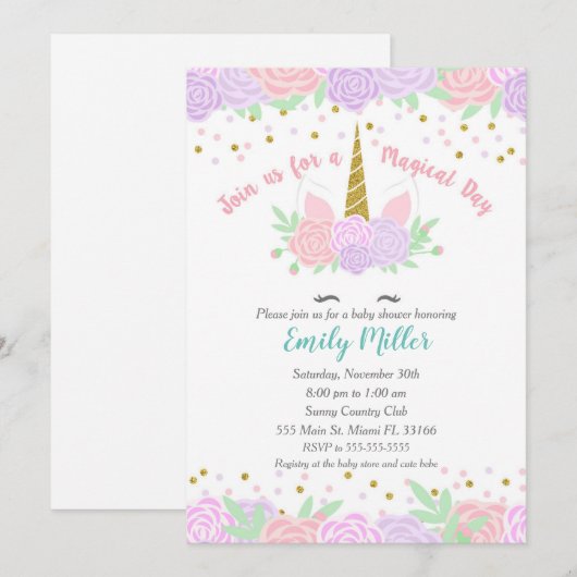 Unicorn paars goudroze baby shower uitnodiging (Voorkant / Achterkant)