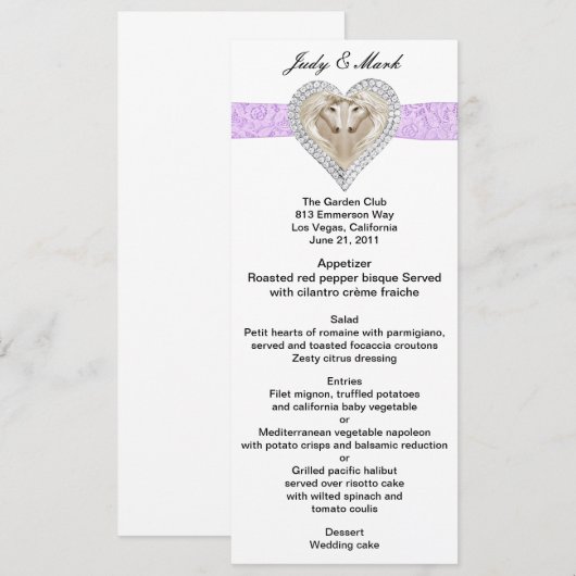 Unicorn Paars Lace Wedding Menu Kaart (Voorkant / Achterkant)