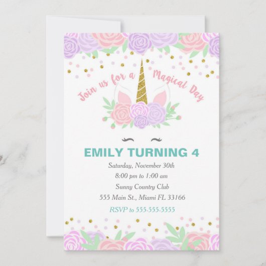 Unicorn Paars Pink Birthday Uitnodiging (Voorkant)