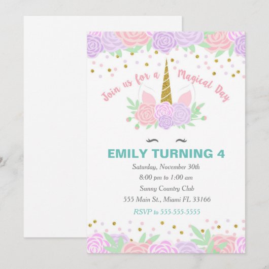 Unicorn Paars Pink Birthday Uitnodiging (Voorkant / Achterkant)