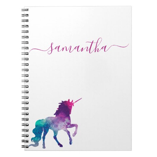 Unicorn paars roze witte monogram script notitieboek (Voorkant)