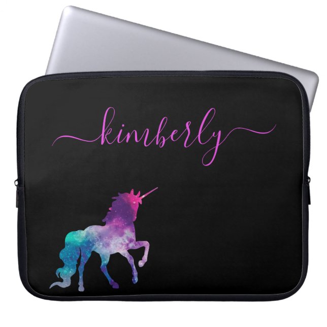 Unicorn paars zwart roze naamscript laptop sleeve (Voorkant)