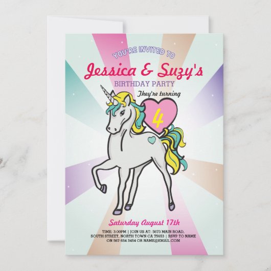 Unicorn Paarse Birthday Party Twins Girls nodigt u Kaart (Voorkant)