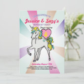 Unicorn Paarse Birthday Party Twins Girls nodigt u Kaart (Staand voorkant)
