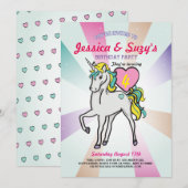 Unicorn Paarse Birthday Party Twins Girls nodigt u Kaart (Voorkant / Achterkant)