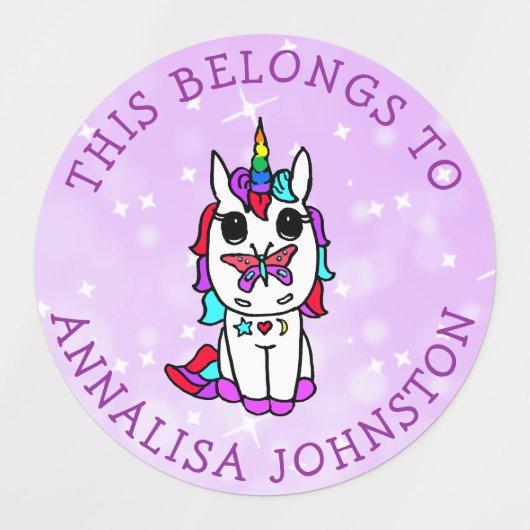 Unicorn Paarse Butterfly School Labels (Design 2)