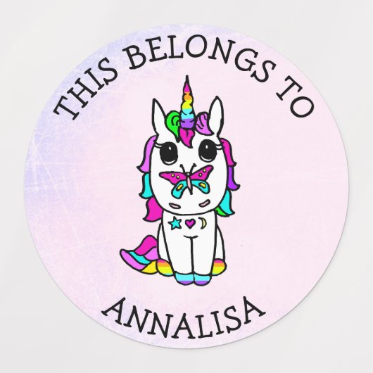 Unicorn Paarse Butterfly School Labels (Design 1)